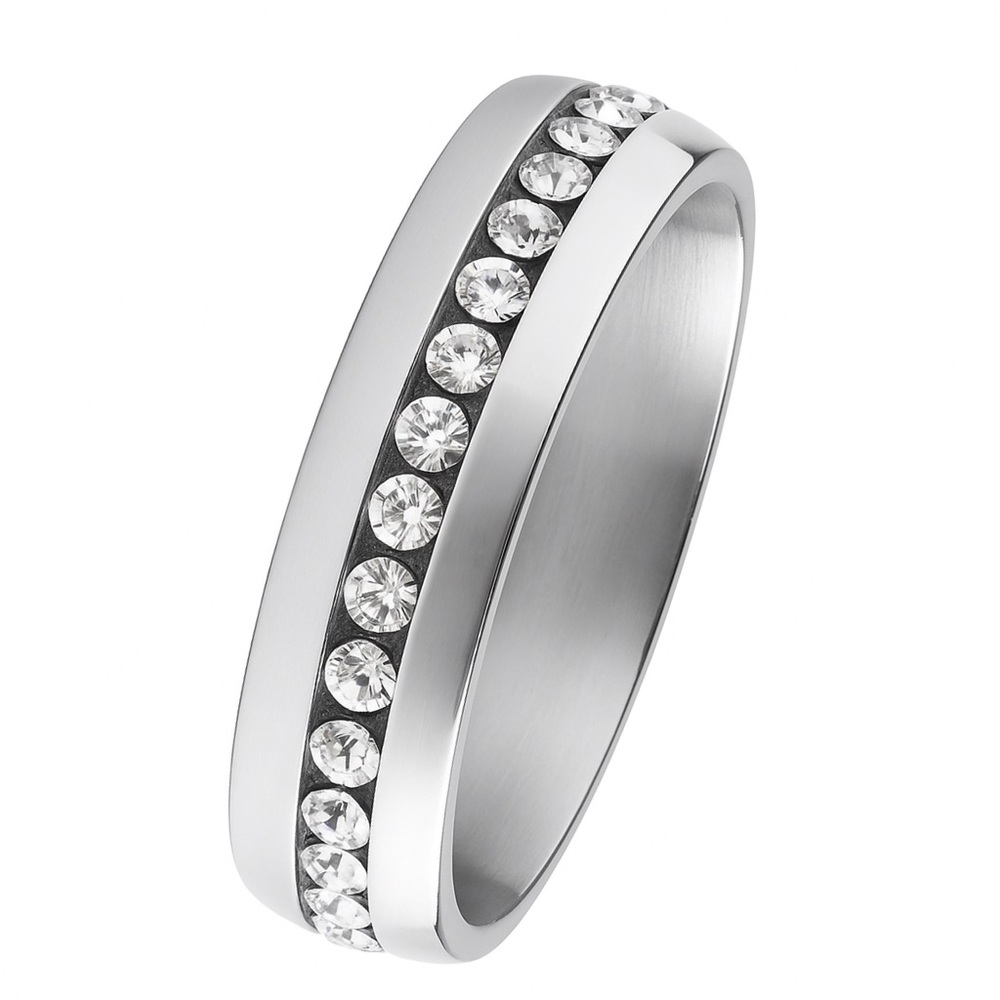 Stainless Steel CZ Channel Band Ring - Clear Stone Inlay Comfort Fit
